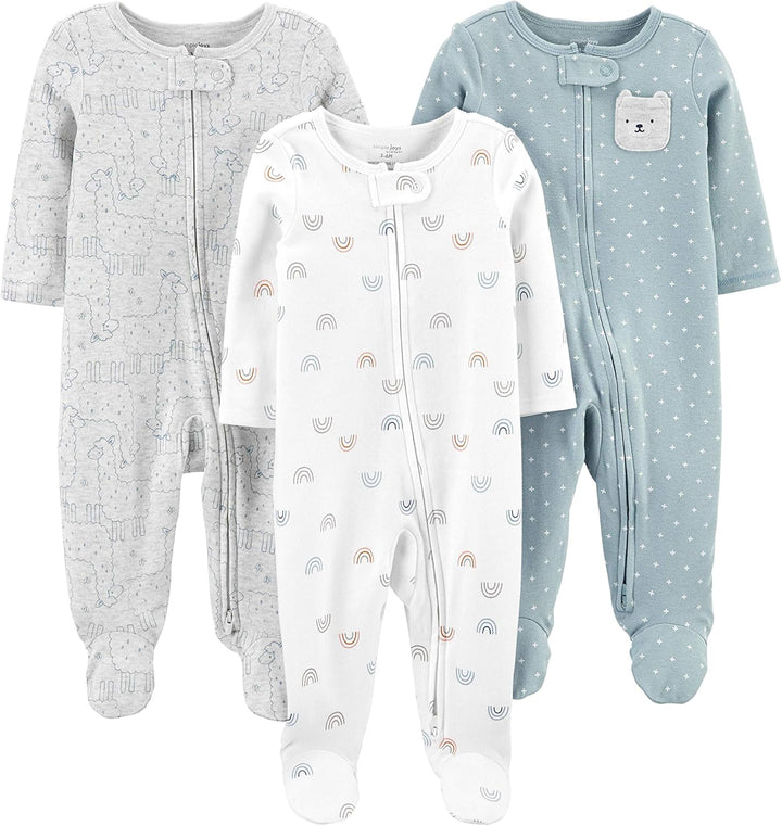 Baby 3-pack winter sleep & play set for newborns, soft cotton blend pajamas in various colors.