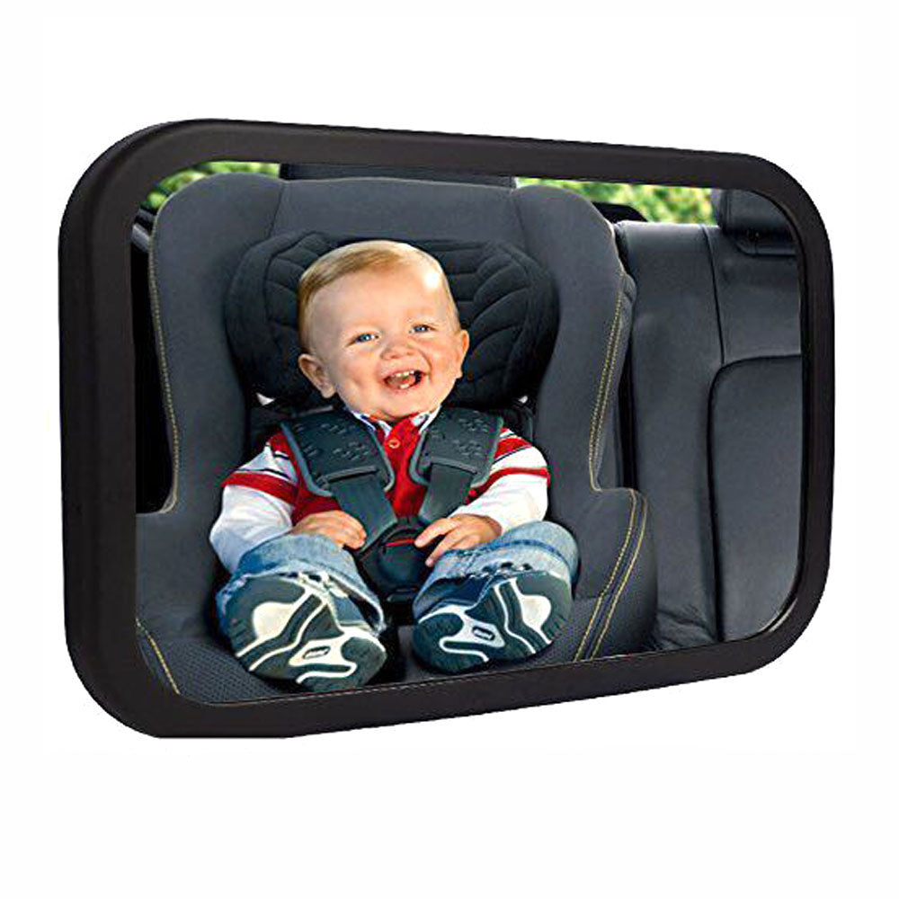 Baby car mirror attaches to backseat headrest, providing a clear view of infant in rear-facing car seat for easy monitoring.