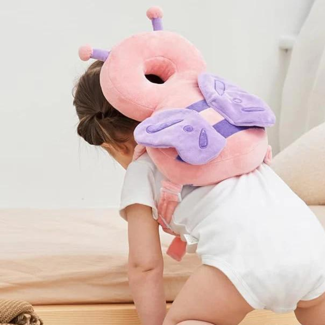 Toddler walking aid with a soft head protective backpack, adorable little bee design for baby safety.