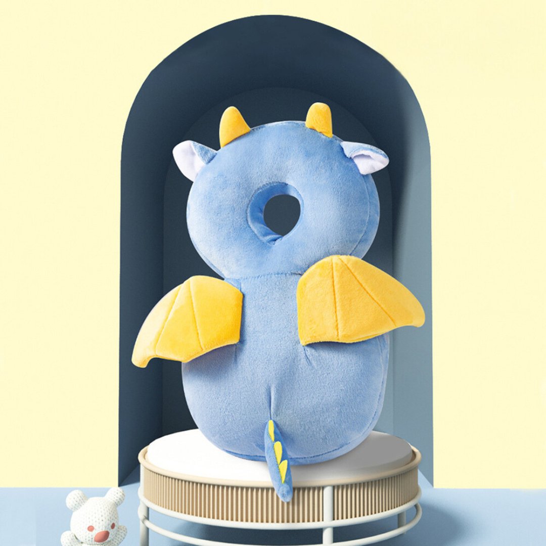 Protective little bee head cushion safeguarding baby's head from falls while learning to crawl or walk.