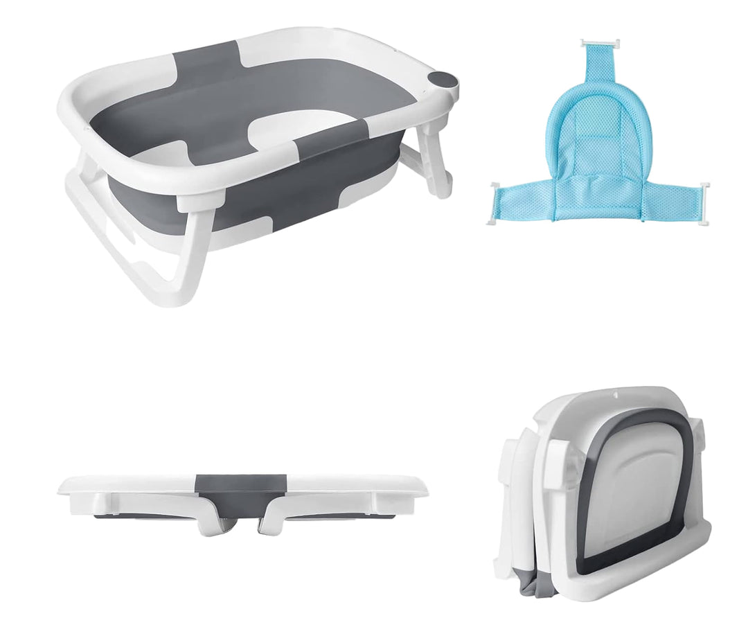 Newborn essentials: Folding Baby Bath Tub with sling net for safe bathing