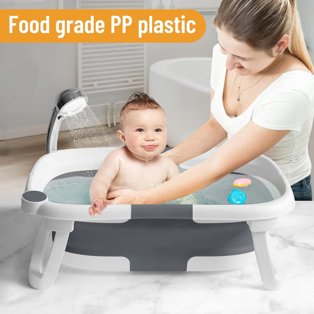 Toddler bath tub, foldable design with net support, in a light blue color