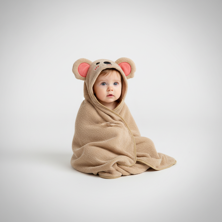 White bear baby hooded bathrobe, fluffy QuickDry cape for kids, cozy bath time fun for infants