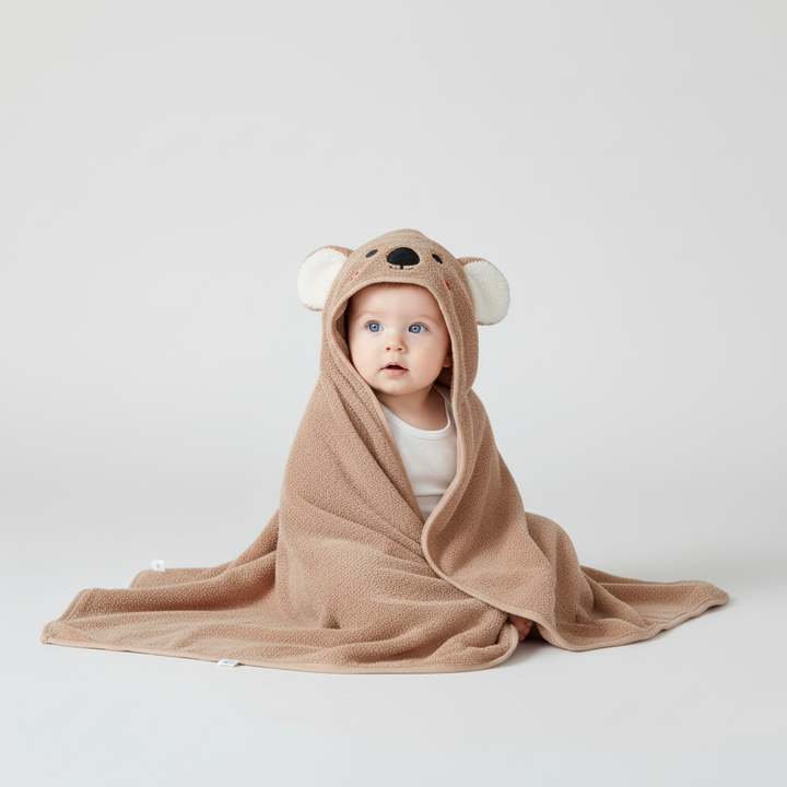 Grey koala baby bathrobe with hood, fluffy QuickDry children's cape, soft infant towel for bath