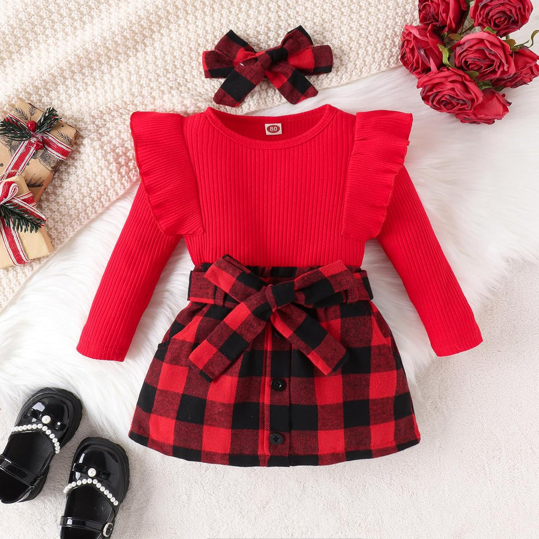 Cute baby girl in a pink knitted turtleneck and matching dress winter set, perfect for cold weather
