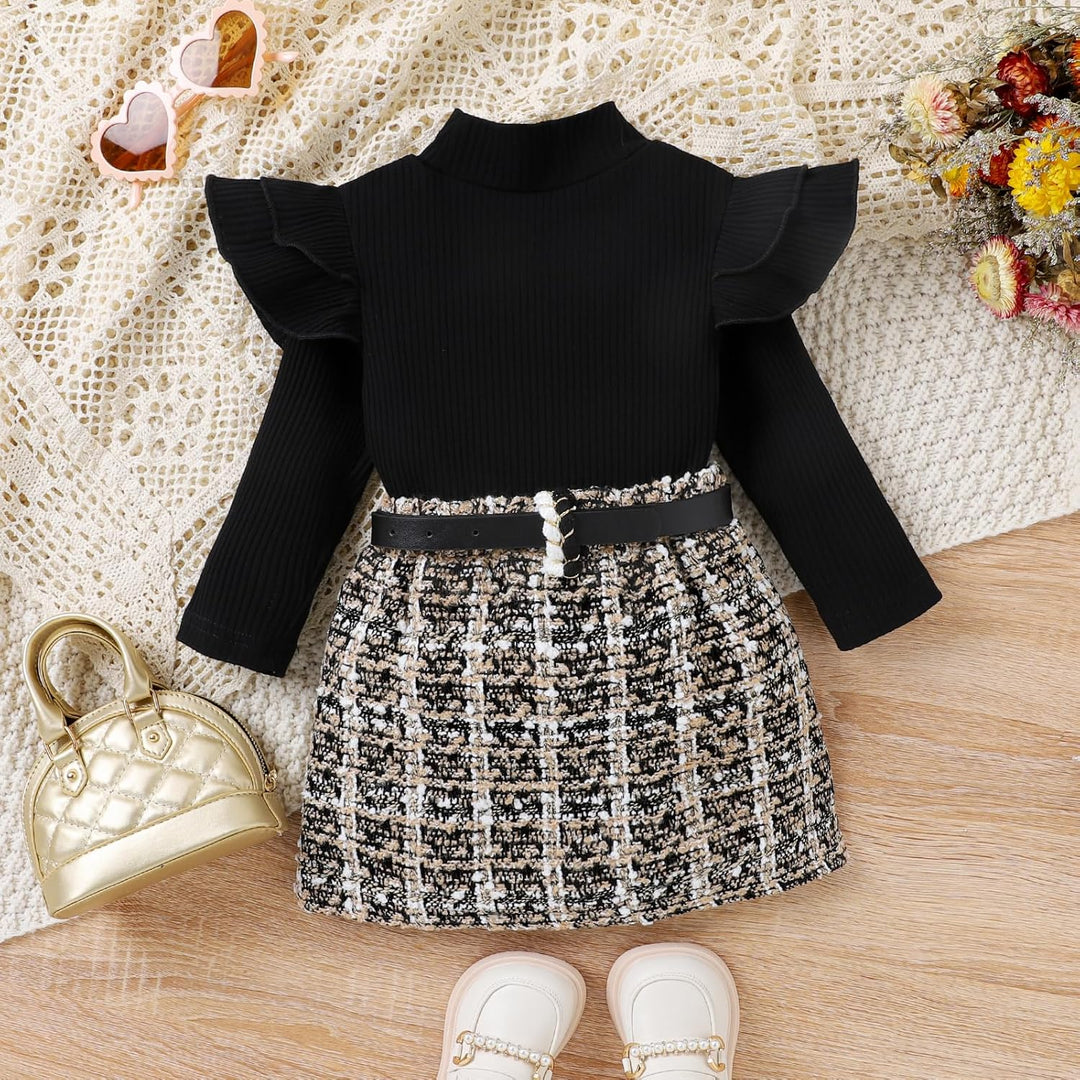 Baby girls' winter outfit, pink knitted turtleneck and skirt set, stylish and comfortable toddler clothing