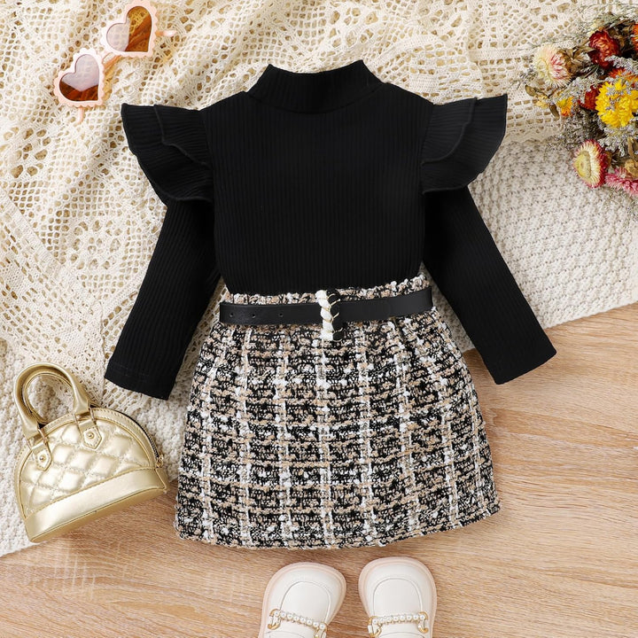 Baby girls' winter outfit, pink knitted turtleneck and skirt set, stylish and comfortable toddler clothing