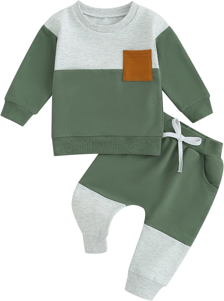 Winter-ready baby jogger set, contrast sweatshirt and trousers, warm toddler fashion.
