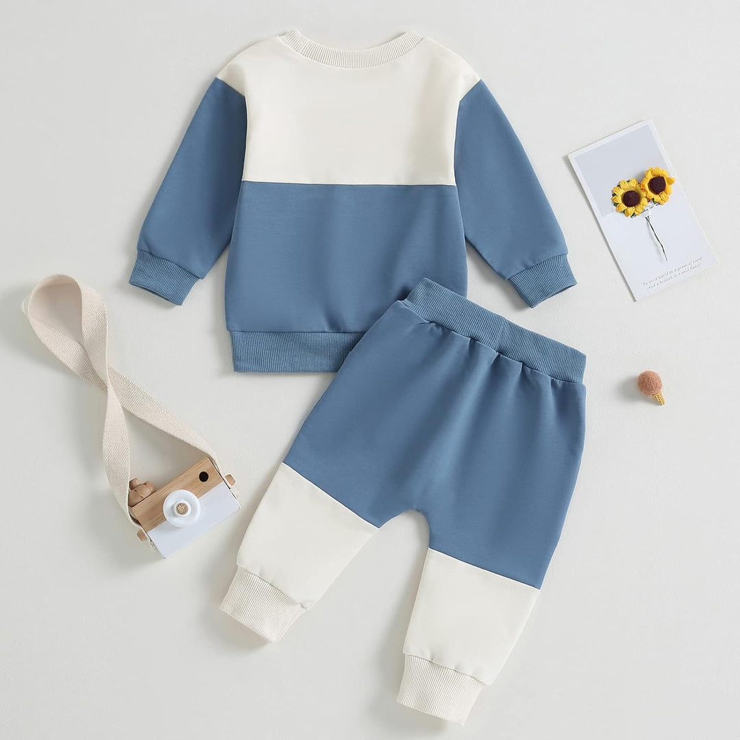 Baby jogger set featuring a contrast sweatshirt & trousers, perfect for cold weather.