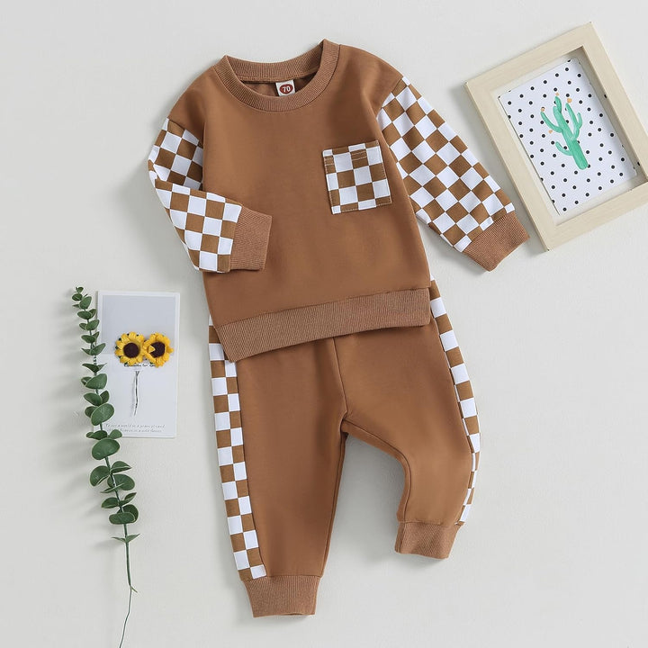 Baby jogger set, contrast sweatshirt & trousers, showcasing soft cotton texture.