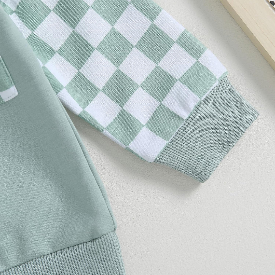 Side profile of baby jogger set, contrast elements highlighted on both pieces.