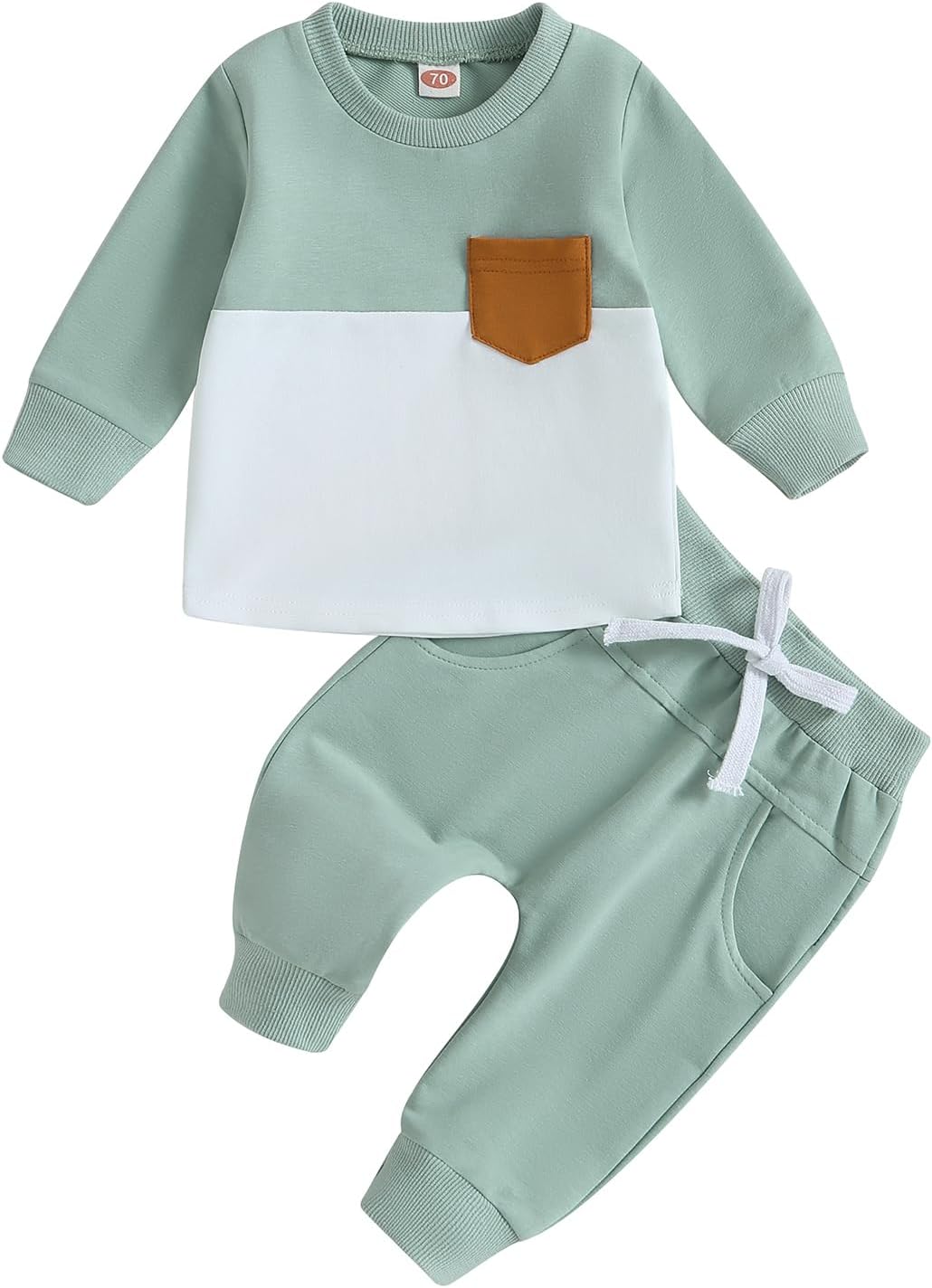 Cute baby jogger set, contrast colors in sweatshirt and trousers, comfortable winter wear.