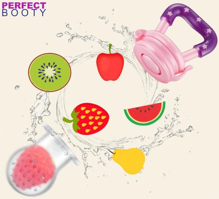 BPA-free silicone fruit feeder pacifier, perfect for introducing baby solids & providing teething relief.