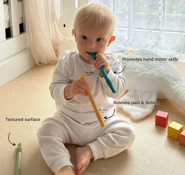 Baby's first Teething Tube, ChewyCalm, for sensitive gums. Silicone infant chew toy provides gentle gum relief.