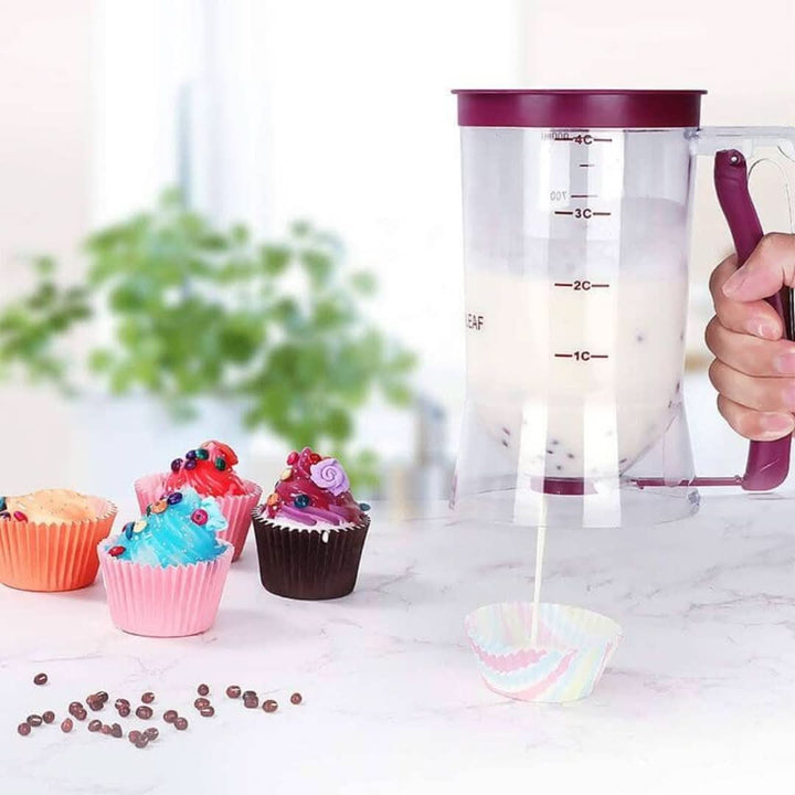 Precise portioning batter dispenser for cupcakes, pancakes, & muffins. Mess-free baking kitchen tool.