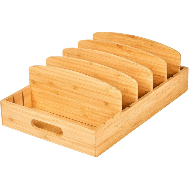 Bamboo kitchen organizer for pot lids, TopKeeper, neatly storing cookware in a cabinet