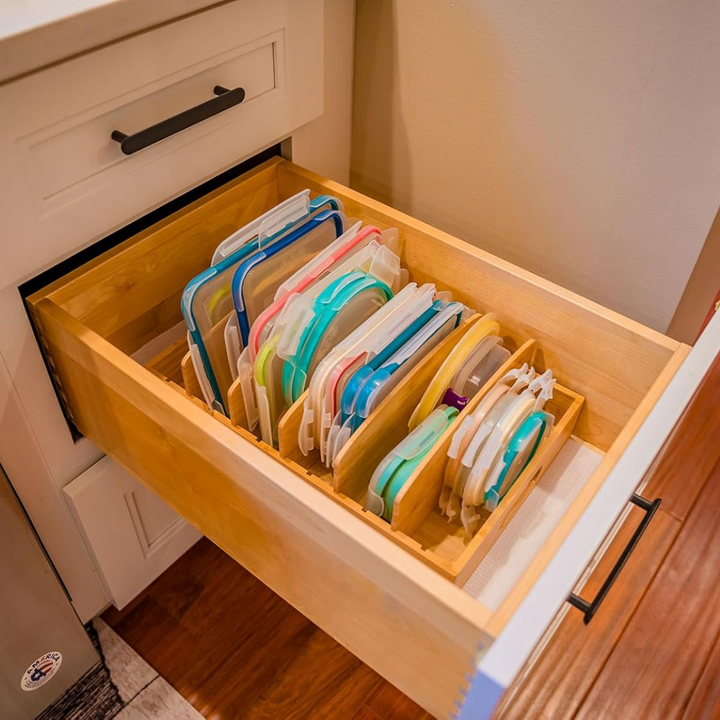 Eco-friendly bamboo lid holder, TopKeeper, for efficient kitchen cabinet organization