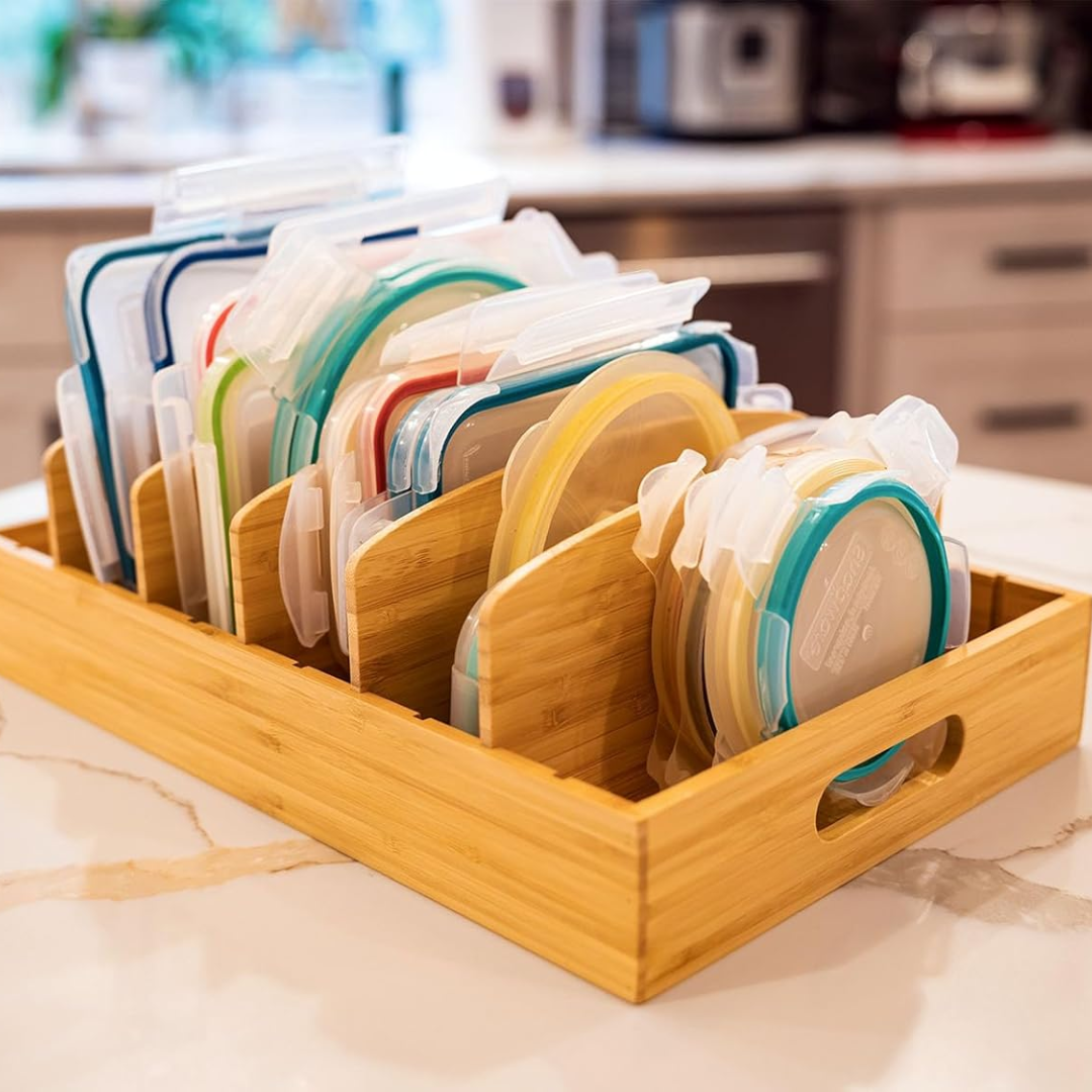 Stylish bamboo kitchen organizer, TopKeeper, keeping pot lids upright and accessible