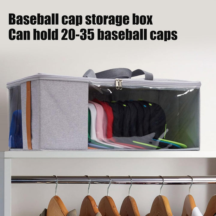 Stylish baseball hat storage container, grey cap protector for closet or travel, side view