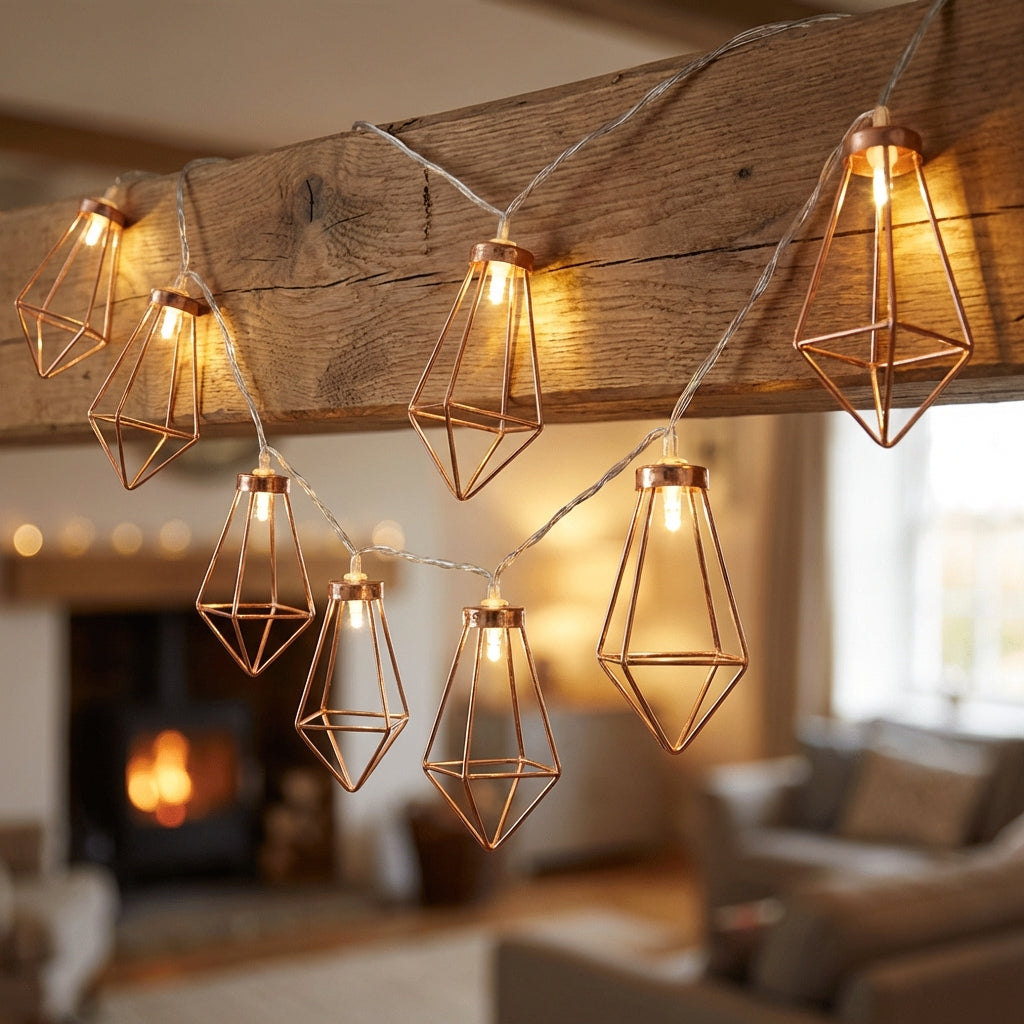 Battery powered LumaShape geometric diamond string lights, copper tone, ambient indoor/outdoor decorative lighting
