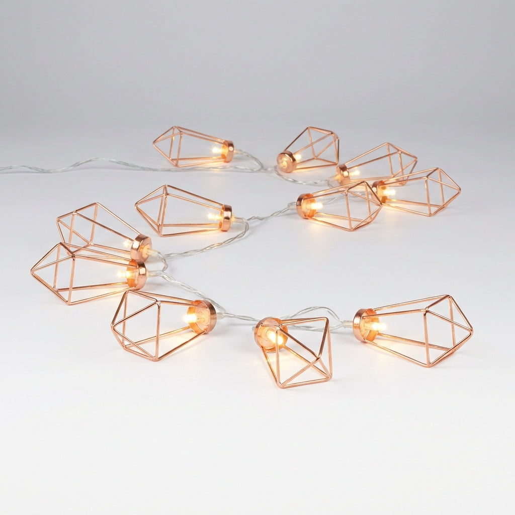 Close-up of geometric diamond string lights, battery powered, warm copper, perfect for fairy light decor