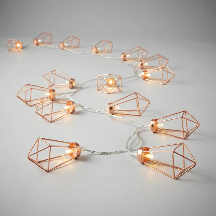 Decorative battery powered LumaShape string lights, copper-toned diamonds, ideal for cozy room or patio decor