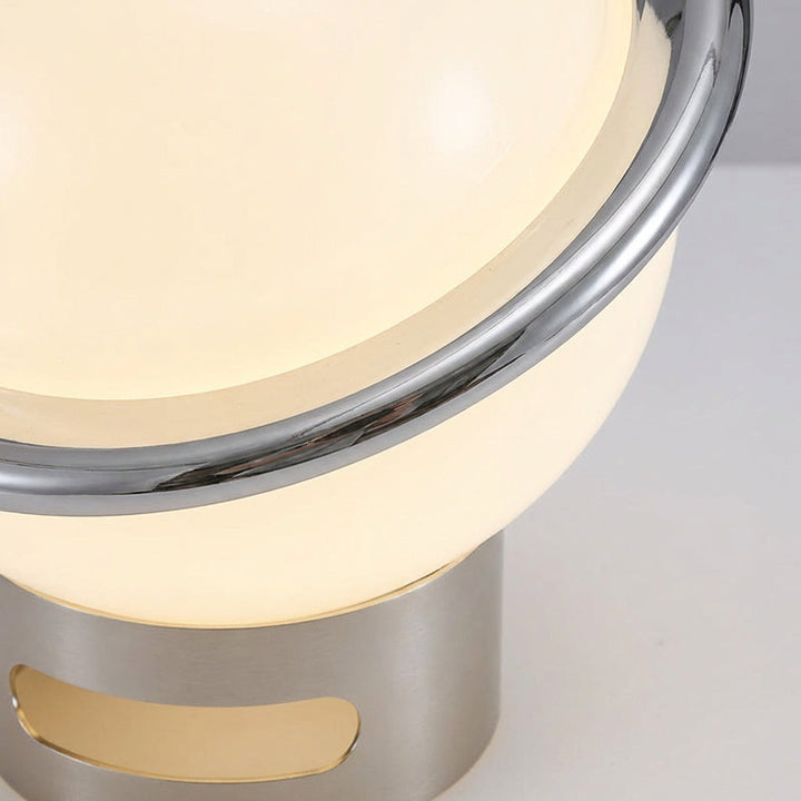 Close-up of Bauvola minimalist desk lamp showcasing its unique Bauhaus style and opal glass diffuser