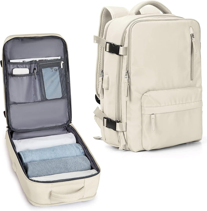 Beige 40L waterproof travel backpack with USB port, open main compartment showing spacious interior