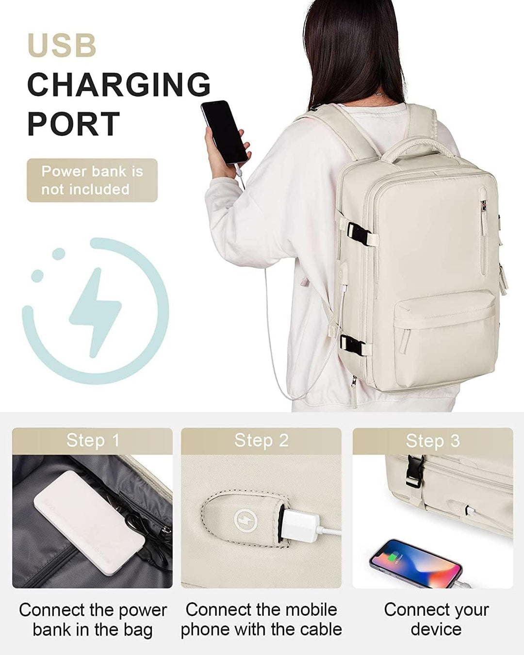 Multiple views of the 40L waterproof travel backpack in both beige and black, detailed features