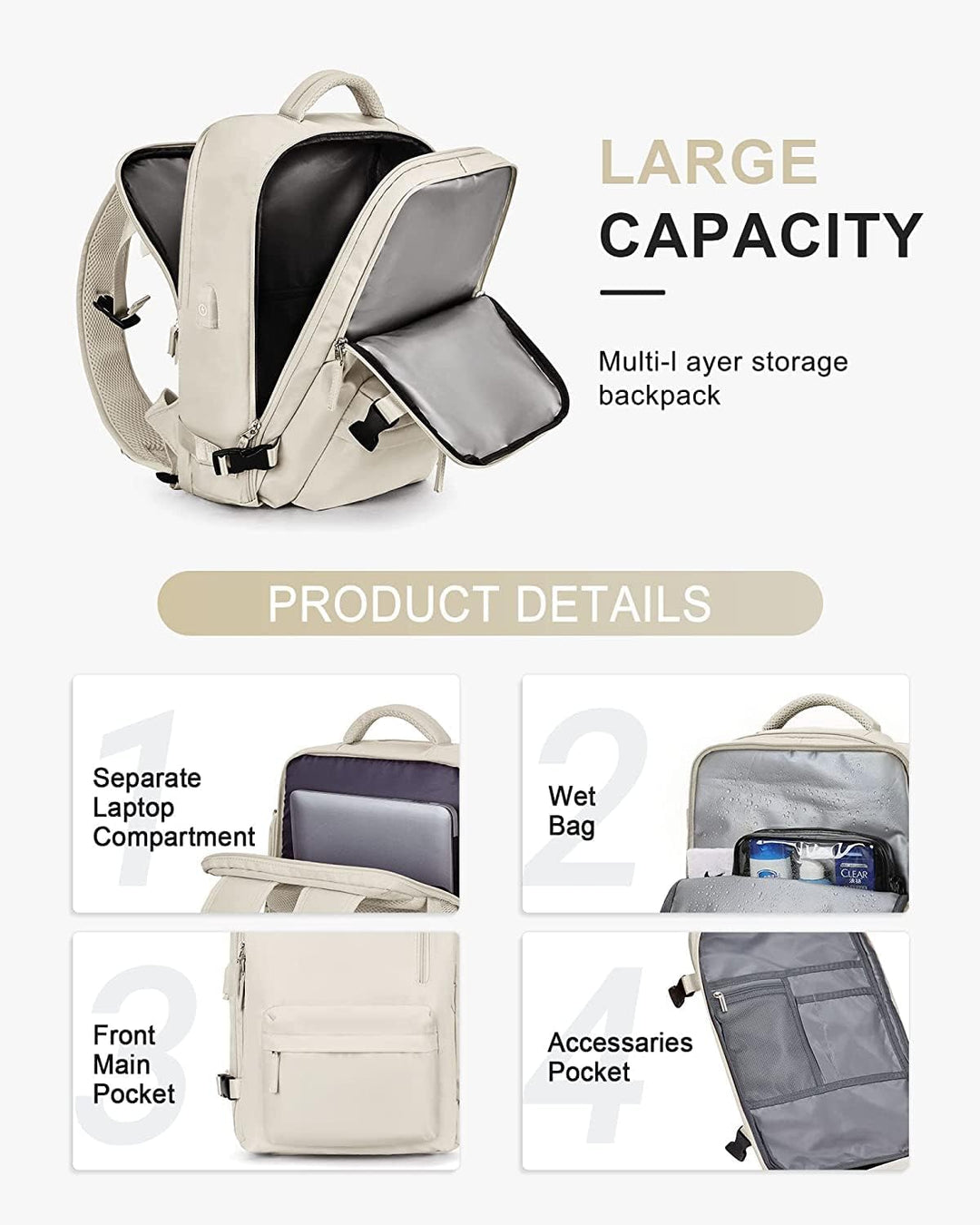 Overhead shot of a black waterproof travel backpack open, showcasing all internal compartments