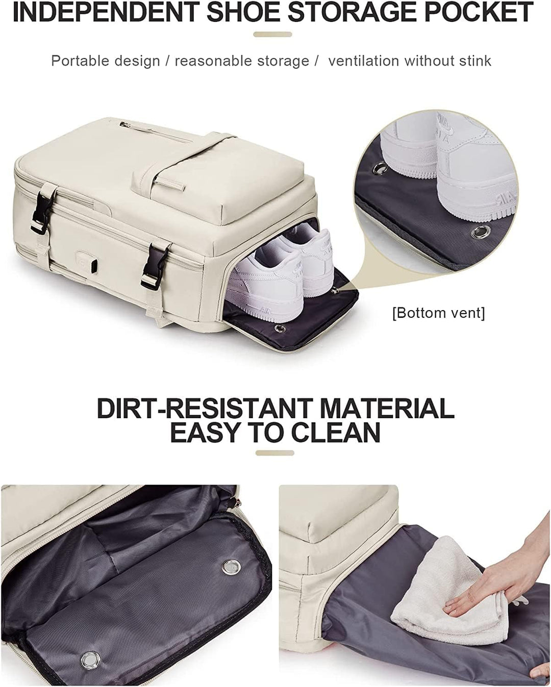 Black 40L waterproof travel backpack with USB port, front view, ideal for laptop and shoes