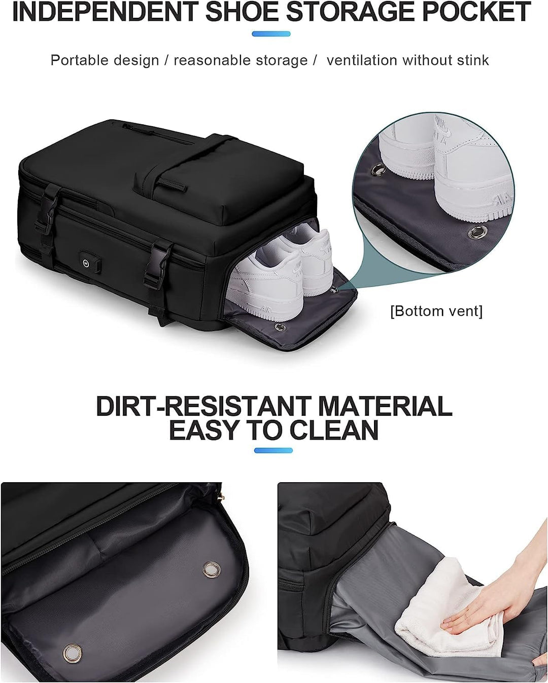 Unisex 40L waterproof travel backpack, beige, packed for a trip, showing capacity and design