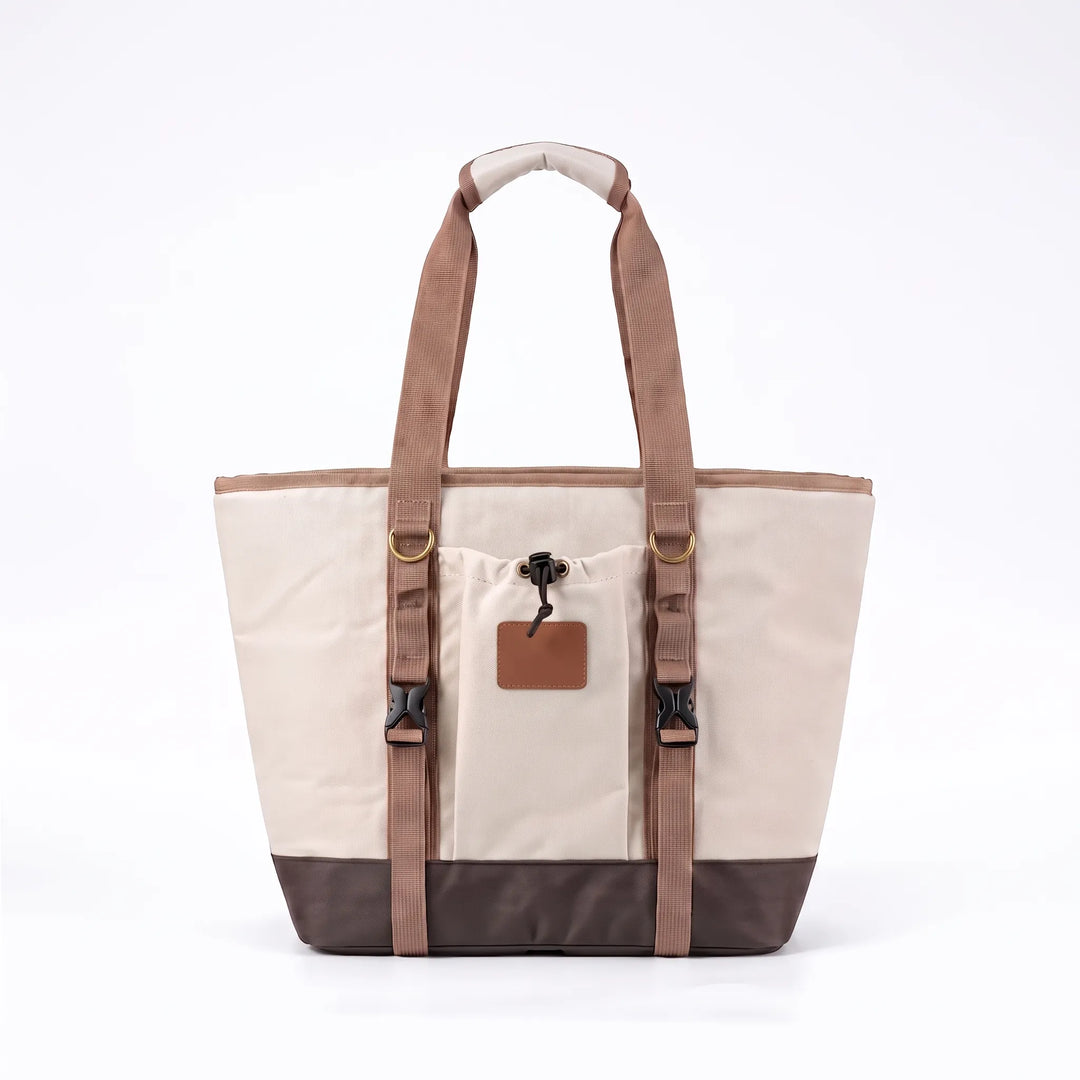 Unisex beige polyester insulated lunch bag, ideal for keeping food fresh during camping, hiking, or picnics.