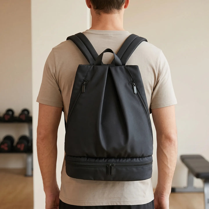 Beige unisex waterproof outdoor travel backpack, ideal for hiking & gym, featuring a wet/dry compartment.