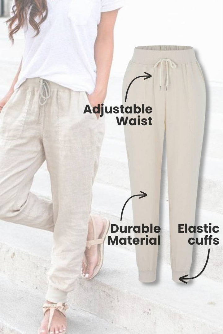 Women's tapered leg joggers in beige, perfect for a relaxed yet stylish look with a comfy drawstring waist.