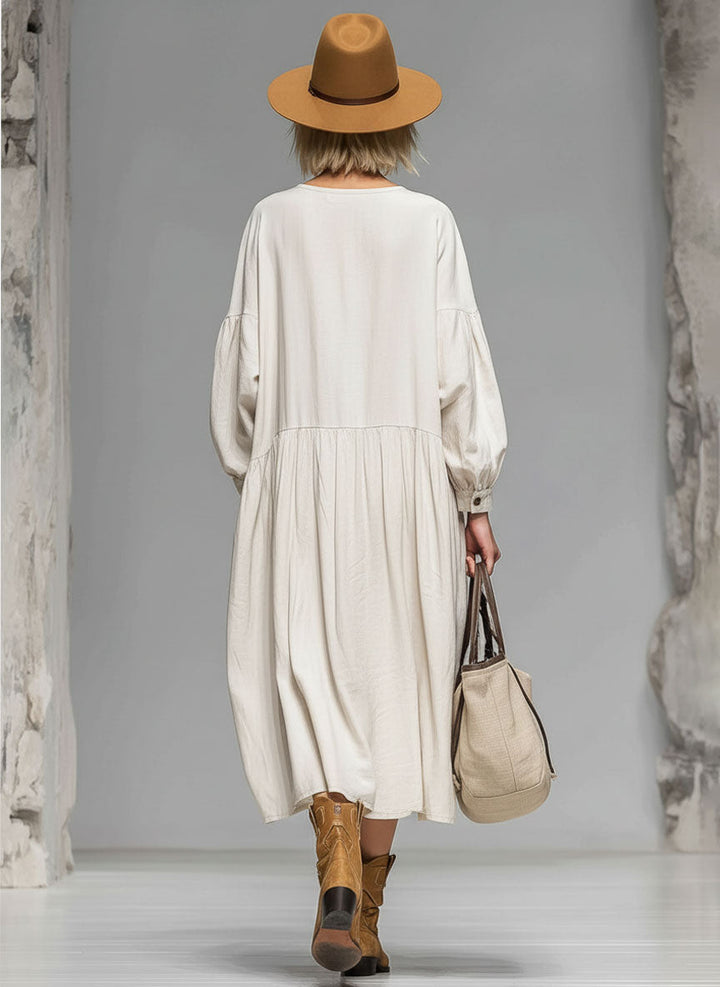 Women's casual long sleeve midi dress, loose and button-front with pockets; ideal for workwear & daily style.