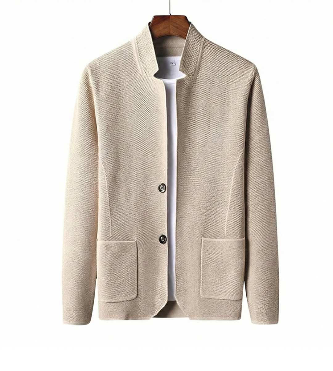 Beige women's minimalist collarless cardigan, lightweight & versatile for modern layering.