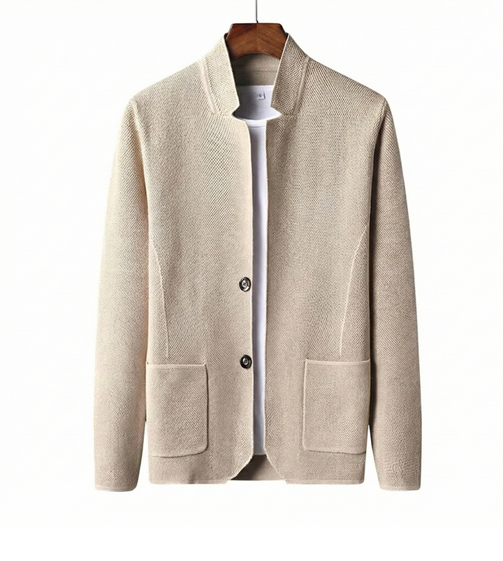 Beige women's minimalist collarless cardigan, lightweight & versatile for modern layering.