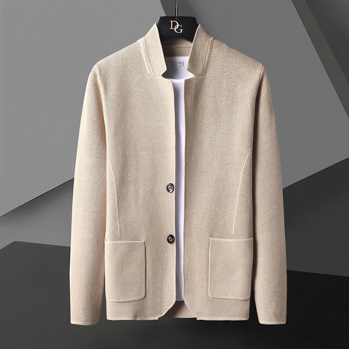 Gray modern collarless cardigan for women, structured fit, perfect for versatile fashion layering.