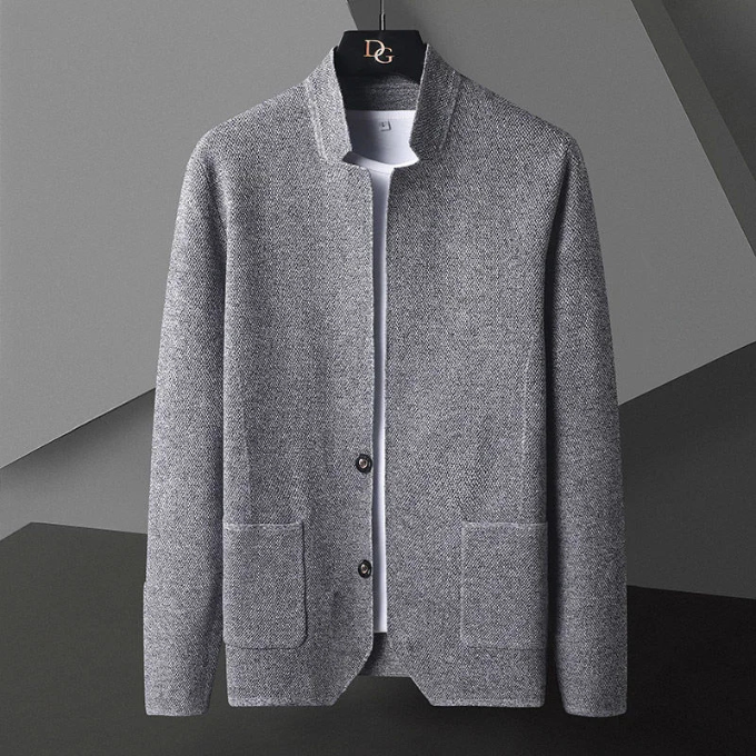 Women's modern minimalist collarless cardigan, structured yet lightweight, great for versatile fashion.
