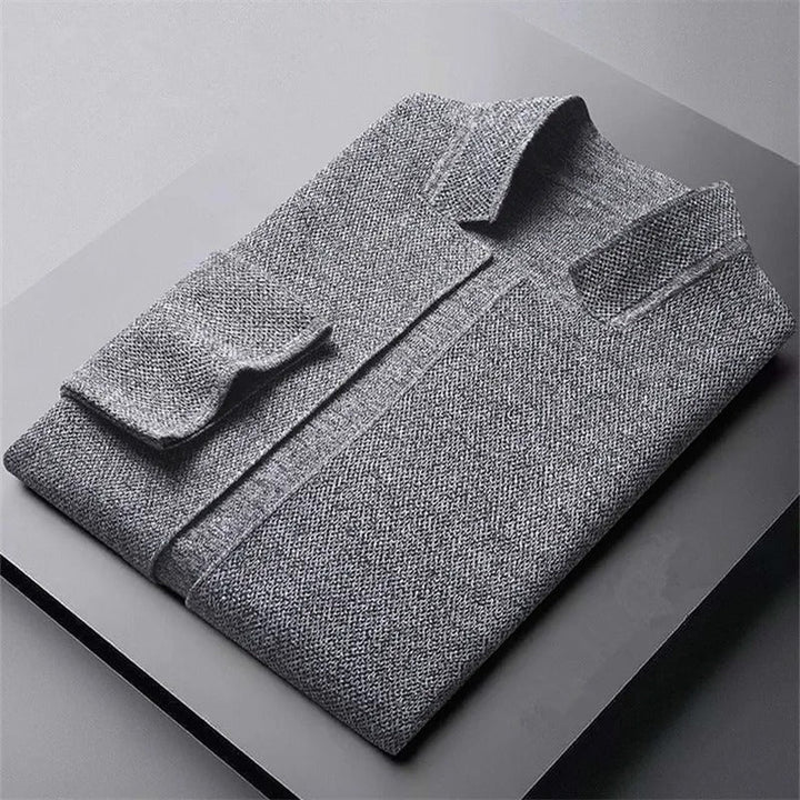 Structured women's collarless cardigan, modern minimalist design, elegant for everyday wear.