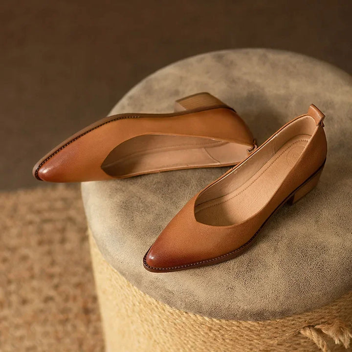 Women's slip-on beige pointed toe court shoes with a stable block heel, professional & stylish.