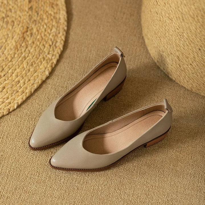 Overhead view of women's professional beige pointed toe block heel court shoes.