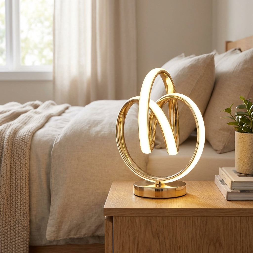 Bendara minimalist LED curved table lamp, sleek modern design for contemporary homes.