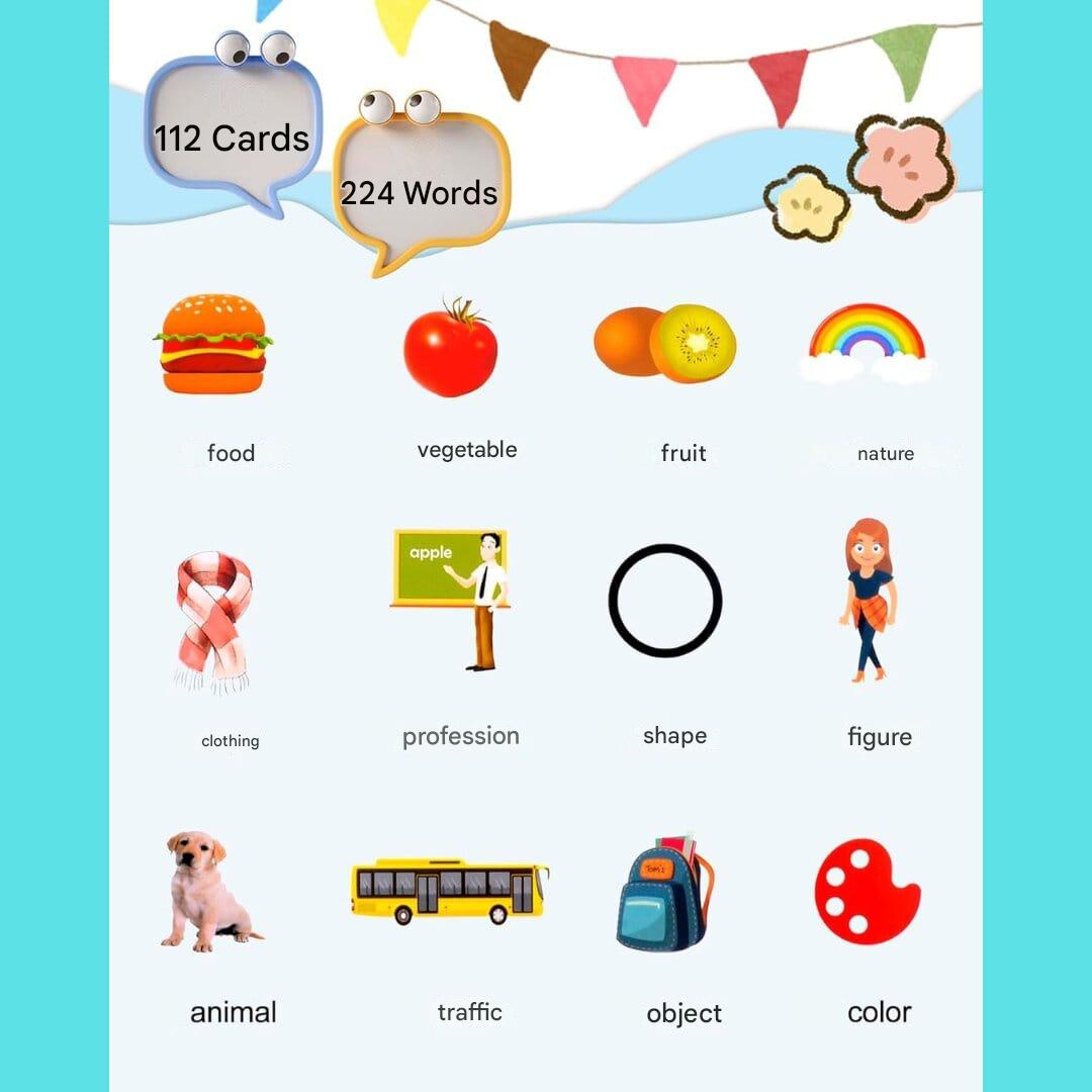 Interactive Spanish & English learning cards for early language development.