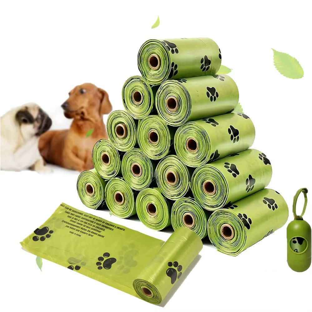 Biodegradable dog waste bags with leak-proof design and convenient dispenser for eco-friendly pet cleanup.