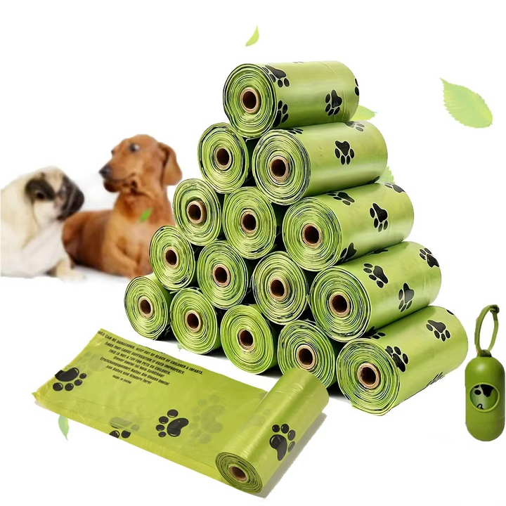 Biodegradable dog waste bags with leak-proof design and convenient dispenser for eco-friendly pet cleanup.