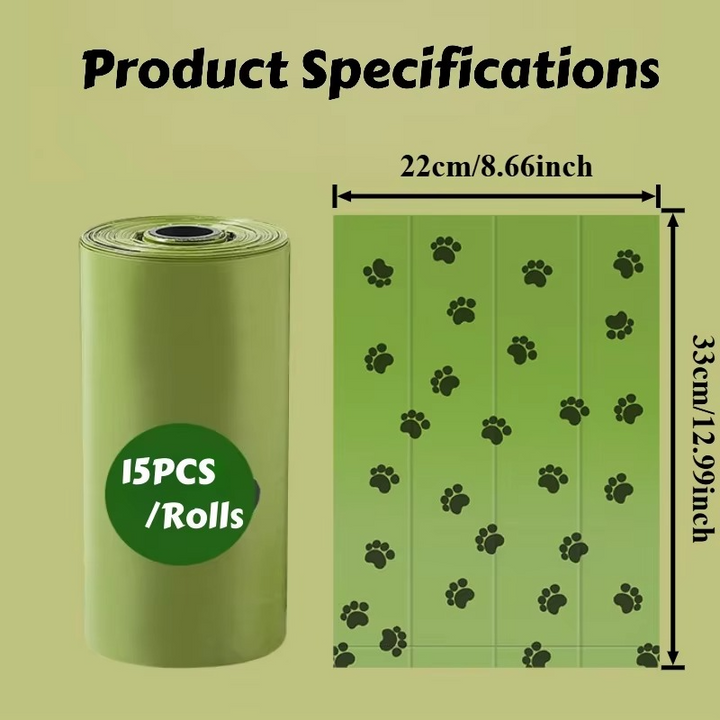 Strong, biodegradable dog waste bags; extra thick, leak-proof material for responsible pet waste disposal.