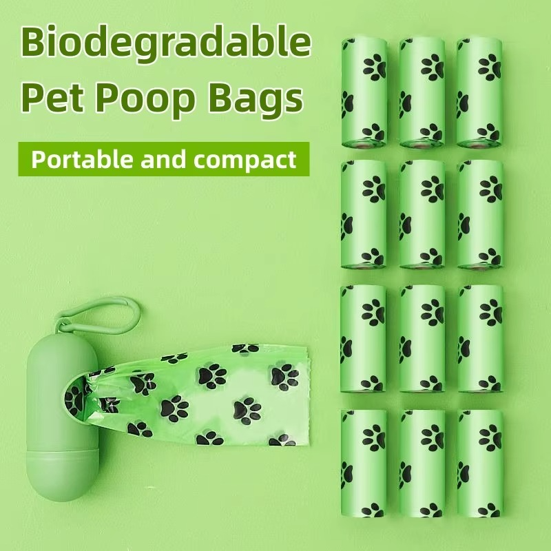 Easy-tear biodegradable dog waste bags dispensing smoothly from a compact, travel-friendly pet waste holder.