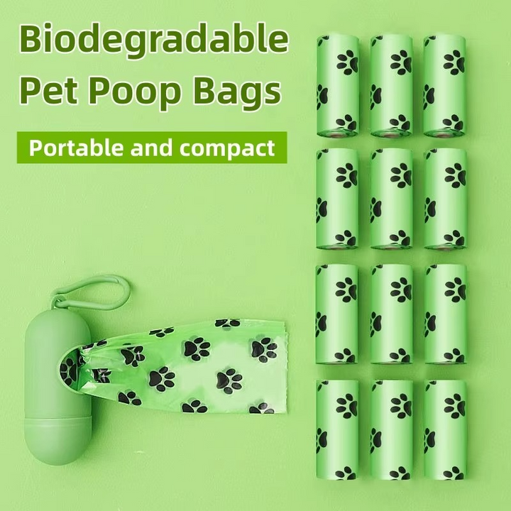Easy-tear biodegradable dog waste bags dispensing smoothly from a compact, travel-friendly pet waste holder.